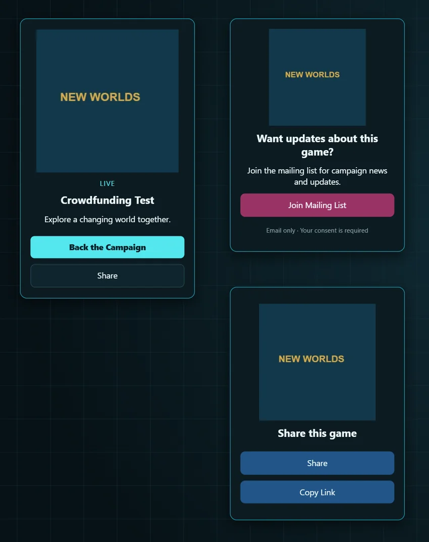 Campaign, email signup and sharing components on a Tabletop Builder table