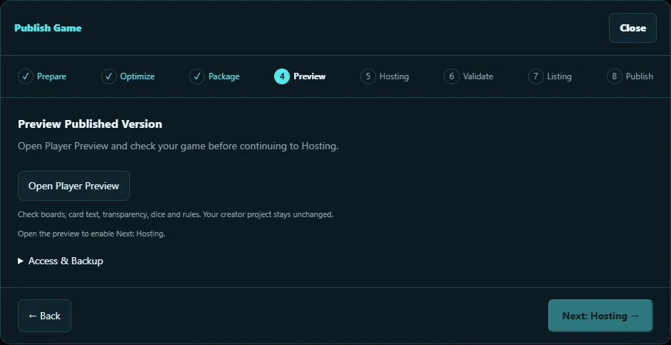 The eight-step Publish Game wizard with Player preview